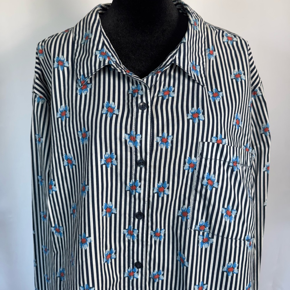 Terra & Sky Striped Blouse with Blue Floral Accents